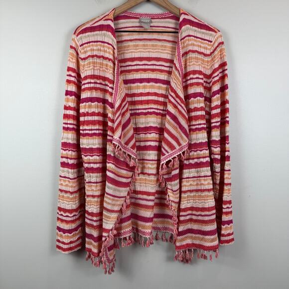Chico’s Cardigan Women 2 US L Red Orange Striped Knit Tassel Open Front Sweater - Picture 1 of 9